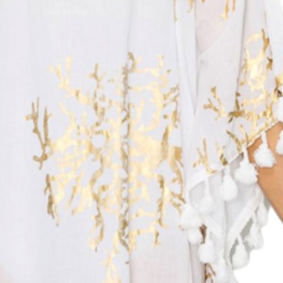 Women’s NWT Elegant White and Metallic Gold Pom Pom Long Kaftan, One Size. - Picture 7 of 7